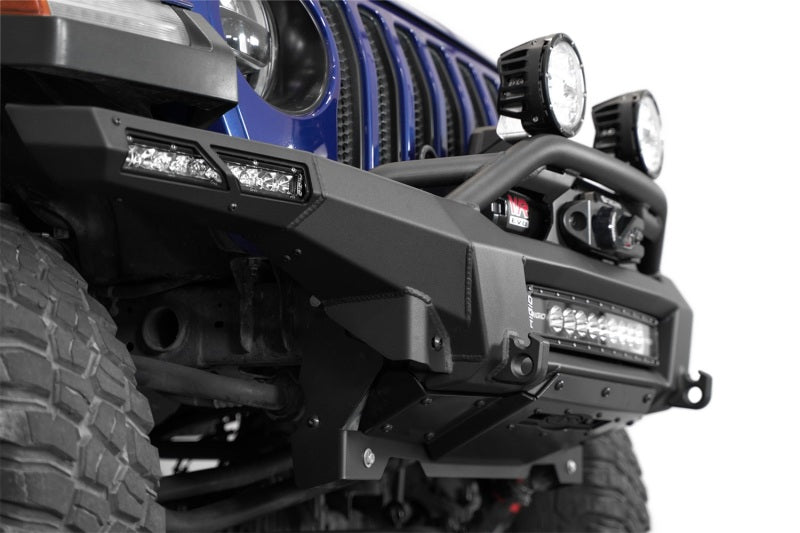 Addictive Desert Designs steel rear bumper for Jeep Wrangler JL and Gladiator JT with integrated winch mount, black finish.