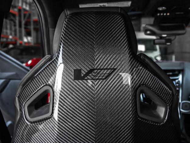 Cadillac ATS-V sedan Recaro carbon fiber seat rear panel covers, driver and passenger side, by Street Driven Performance.