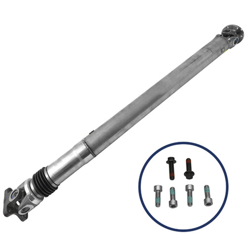 Ford Racing Mustang GT500 aluminum driveshaft assembly, one-piece driveshaft for 2007-2012 Mustang GT500 model, shown in the image.