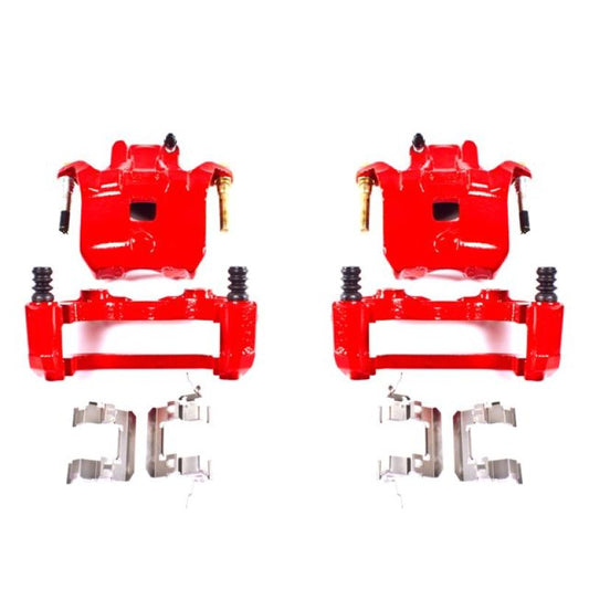PowerStop front red brake calipers with brackets for Infiniti I35 2002-2004, pair of high-performance automotive brake components.
