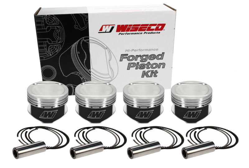 Wiseco neon-colored forged piston set for 4-cylinder turbo engines, featuring 8.8:1 compression and 1.236x88mm dimensions.