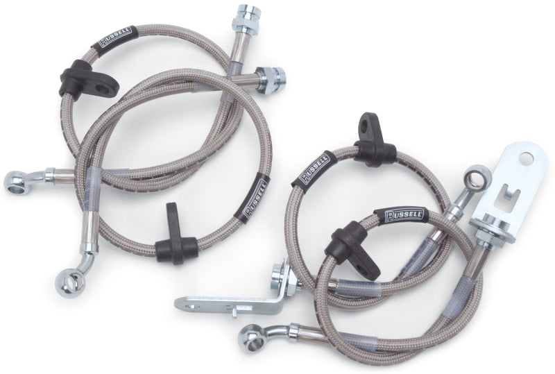 Russell Performance brake line kit for 1979-1981 Jeep CJ5 and CJ7 with 4-inch lift, featuring braided stainless steel brake lines.