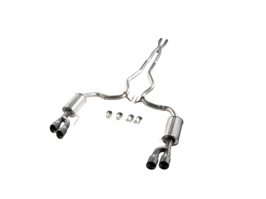 Roush catback exhaust kit for 2018-2023 Mustang 5.0L V8 with black quad tips, non-active, visible polished metal and quad tips