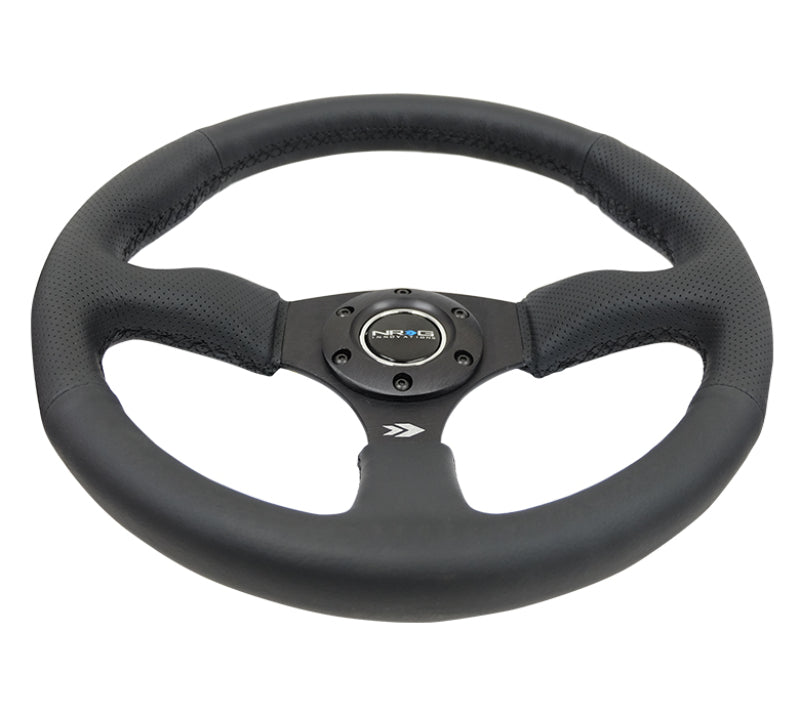 NRG black leather reinforced steering wheel with 350mm diameter, deep design, comfort grip, and 5mm matte black spokes.