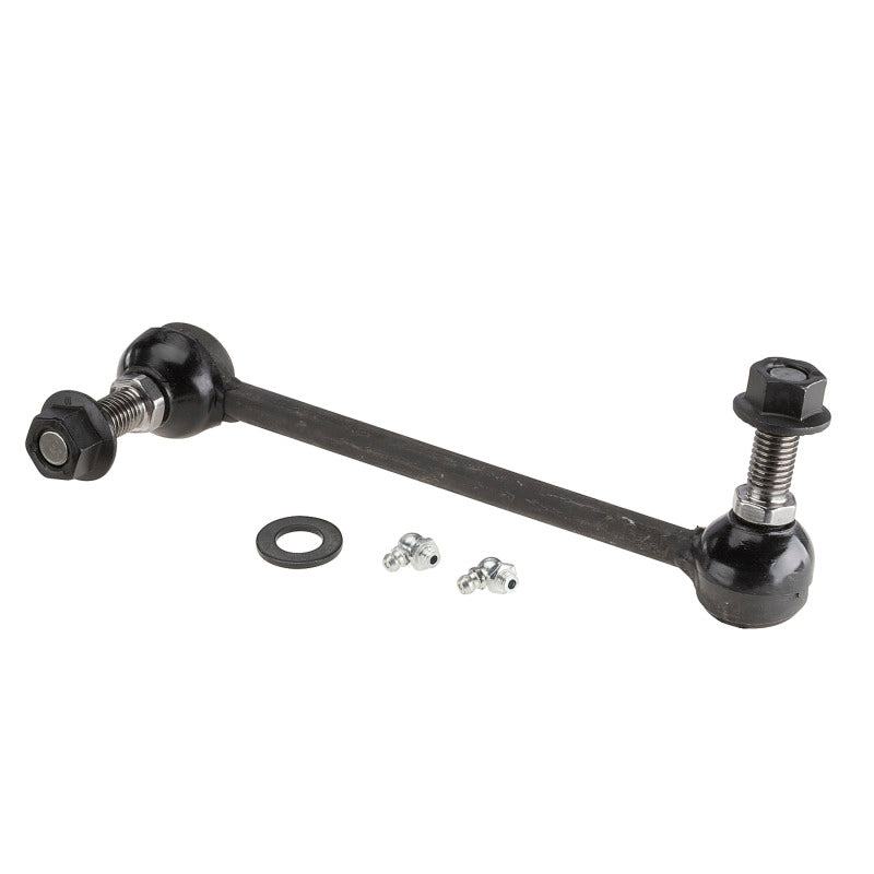 Moog Chrysler 300 front left sway bar endlink kit showing metal components and rubber bushings for suspension stability.