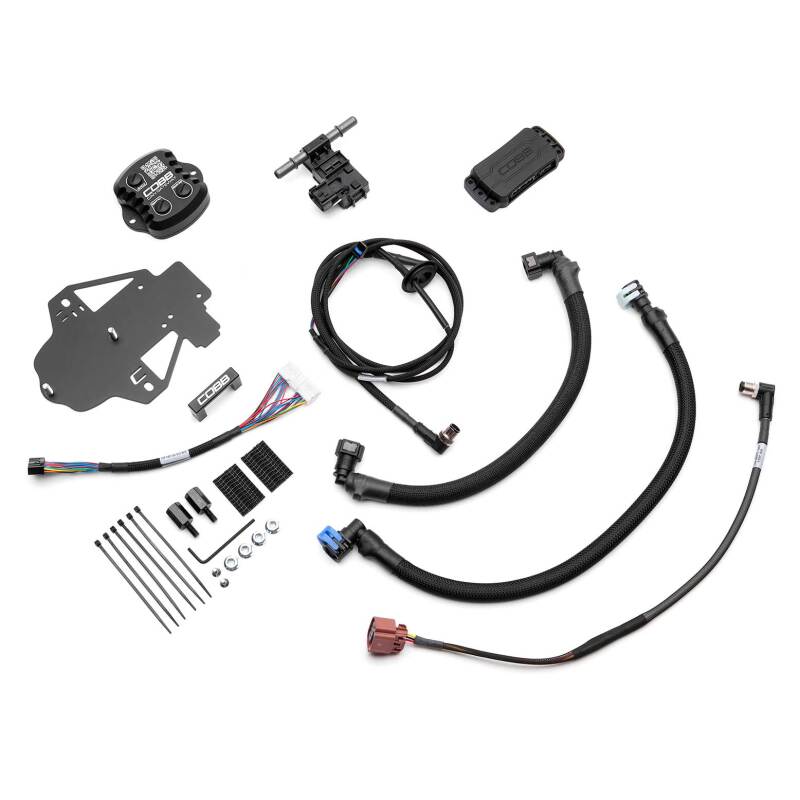COBB Flex Fuel Kit for Subaru Ascent, Outback XT, Wilderness, Legacy XT, and Sport models, showing fuel sensor and installation components.