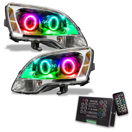 Oracle Lighting GMC Acadia 2008-2012 second design halogen headlights with ColorSHIFT and 2.0 controller for customizable lighting.