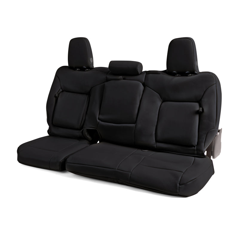 Covercraft Leatherette PrecisionFit second row seat covers for Toyota Grand Highlander, tailored fit with detailed stitching and black finish.