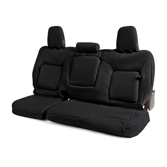 Black Covercraft leatherette front seat covers for 2025 Ford Explorer, custom-fit with detailed stitching and sleek design.