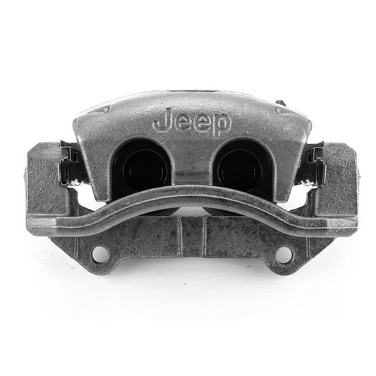 PowerStop OE front right brake caliper with bracket and logo for Jeep Commander 2006-2010, part of automotive brake system.