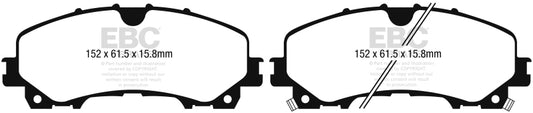 EBC 13+ Infiniti Q50 3.7 Greenstuff front brake pads for high-performance braking, shown in a close-up image.