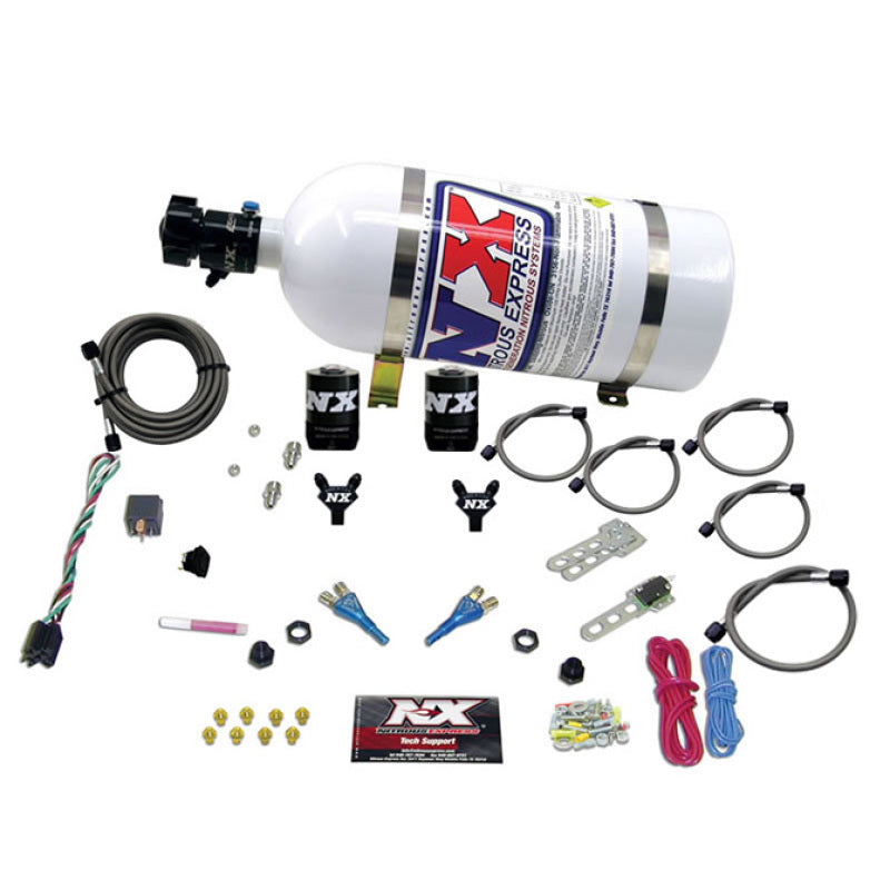 Nitrous Express Dodge V8 TBI dual nozzle nitrous kit with 10lb bottle, designed for 92-95 Dodge V8 engines, boosts 50-125HP.