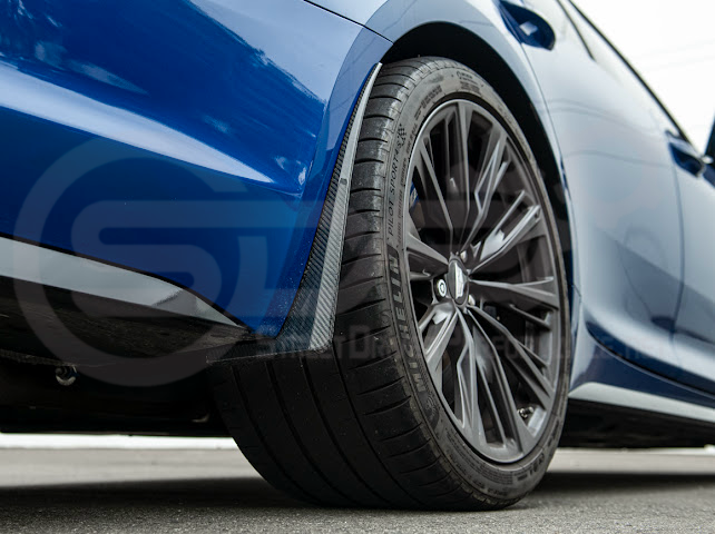 Pair of Street Driven Performance carbon fiber mud flaps for 2022-up Cadillac CT5-V Blackwing, front and rear splash guards.