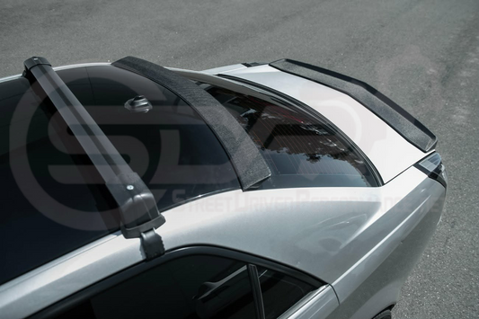 Carbon fiber top window roof spoiler wing for 2003-2008 Cadillac CTS-V, SDP Performance style, enhances sporty look and aerodynamics.