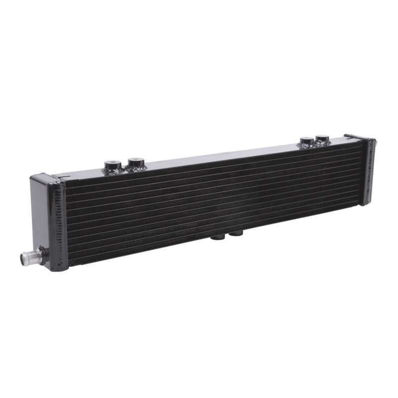 Edelbrock intercooler heat exchanger, single pass dual row, black, 26.5x5x2.62 inches, with 22,000 Btu/hr cooling capacity.