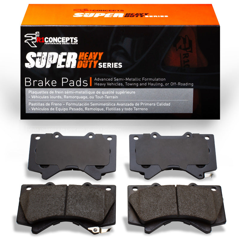 R1 Concepts Toyota Sequoia front super duty brake pads, performance brake pads for enhanced stopping power, shown on vehicle.