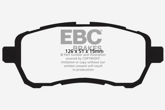 EBC Ultimax2 front brake pads for Mazda 2 2010-2016 1.5L, OE style, with visible brake pad friction surface and backing plate