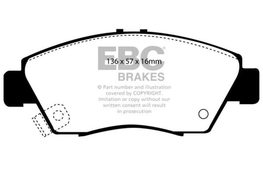 EBC Ultimax2 front brake pads for Acura ILX 1.5 Hybrid, OE style, showing the brake pad components and packaging.