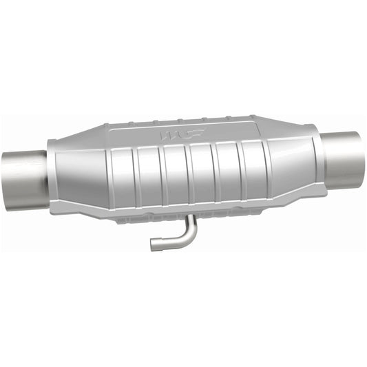MagnaFlow universal catalytic converter with 2.25-inch inlet and outlet, oval center, designed for vehicle exhaust systems.