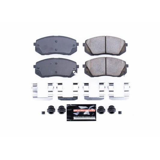 PowerStop Z23 Evolution Sport brake pads with hardware for 2015-2016 Hyundai Sonata front installation, high-performance brake replacement.