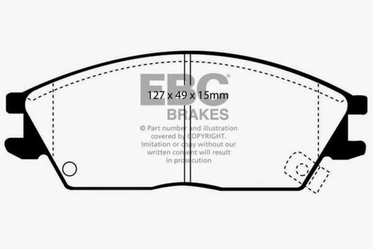 EBC Ultimax2 front brake pads for Hyundai Accent 95-99, OE type, showing the brake pad with friction material and metal backing.