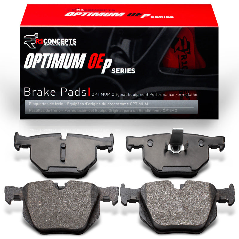 R1 Concepts OE rear brake pads for BMW 530i, model years 2004-2010, showing the brake pad set with brand markings.