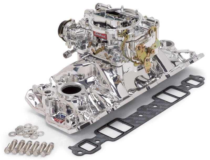 Edelbrock Performer RPM Air-Gap intake manifold and carb kit for SBC 1957-1986 in natural finish, designed for high-performance engines.