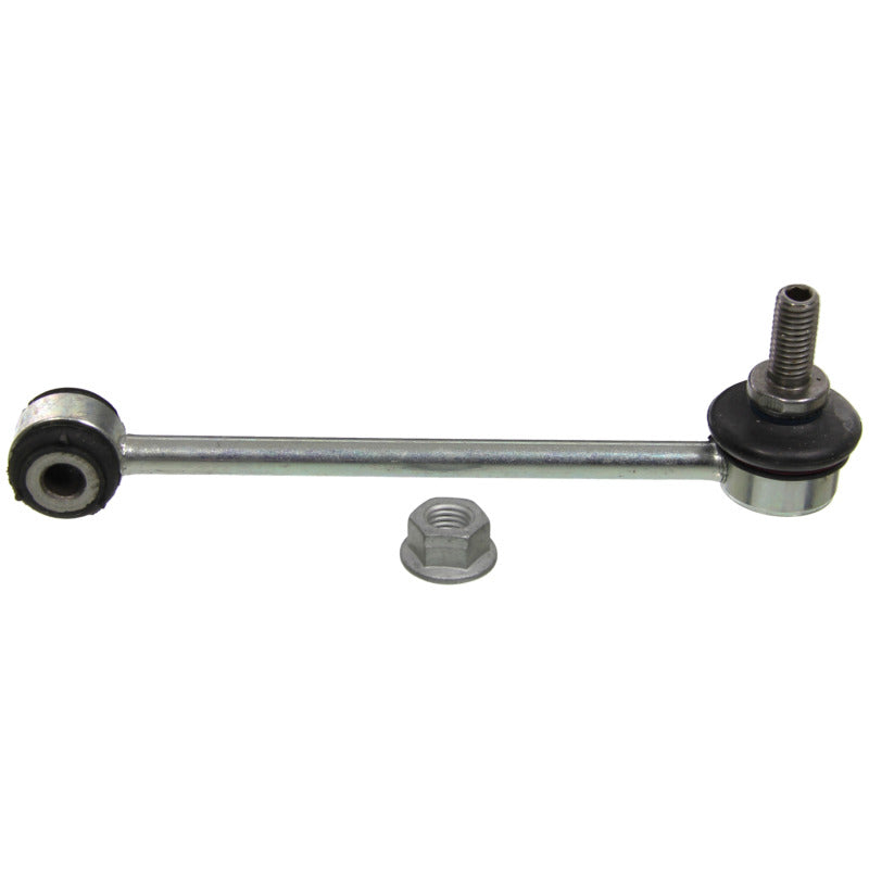 Moog rear sway bar endlink for BMW 335is (2011-2013), close-up view showing metal joint and rubber bushing