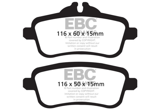 EBC 14+ Mercedes-Benz CLA45 AMG 2.0 Turbo Redstuff rear brake pads for high-performance braking.
