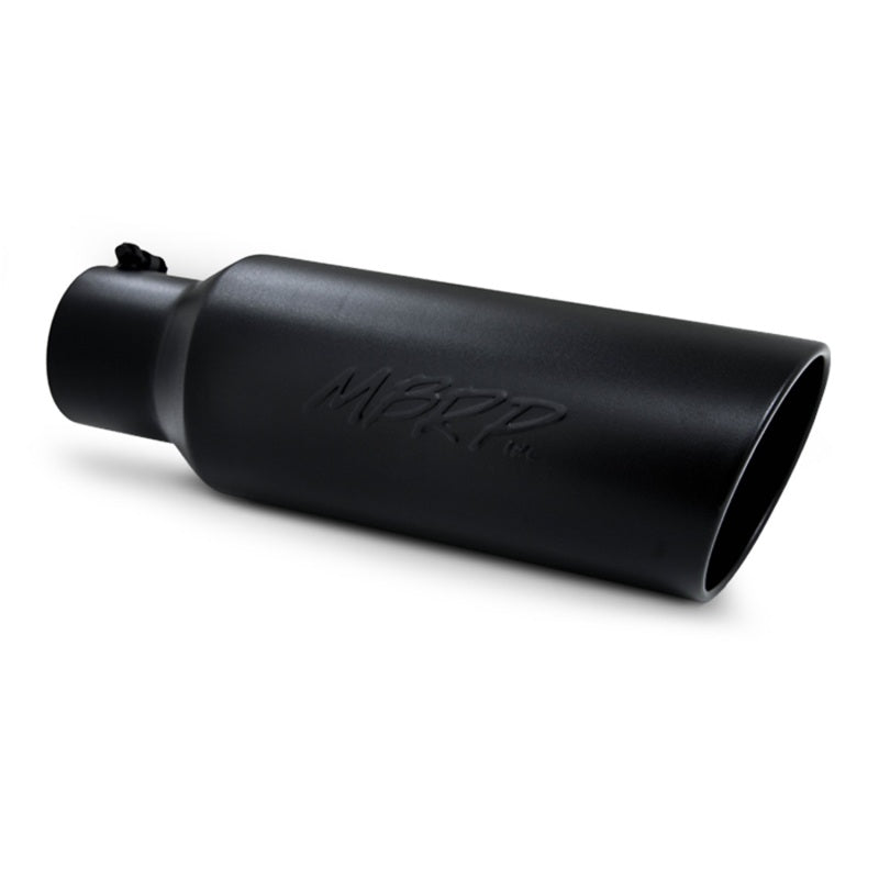 MBRP universal black coated exhaust tip with 6-inch OD rolled end, 4-inch inlet, and 18-inch length for vehicle exhaust systems.