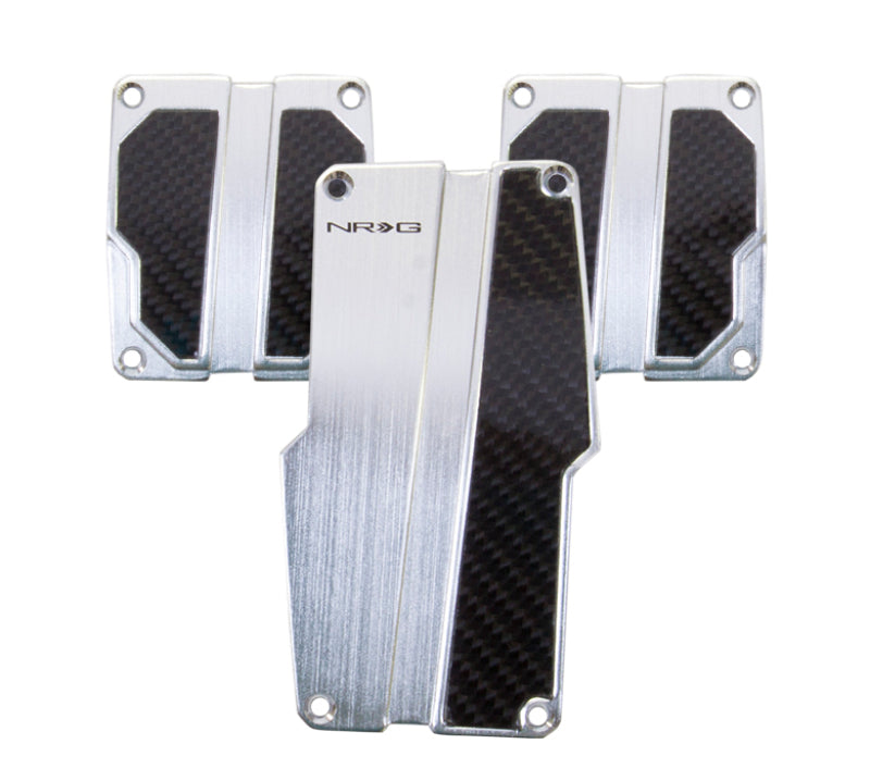 NRG brushed aluminum sport pedal cover with black carbon accents for manual transmission vehicles, silver finish.
