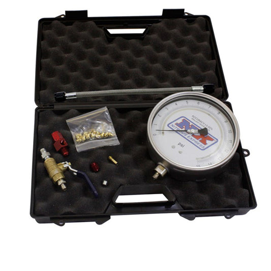 Nitrous Express Master Flo-Check Pro gauge set with 6 certified gauges in a molded case, used for monitoring nitrous oxide systems.
