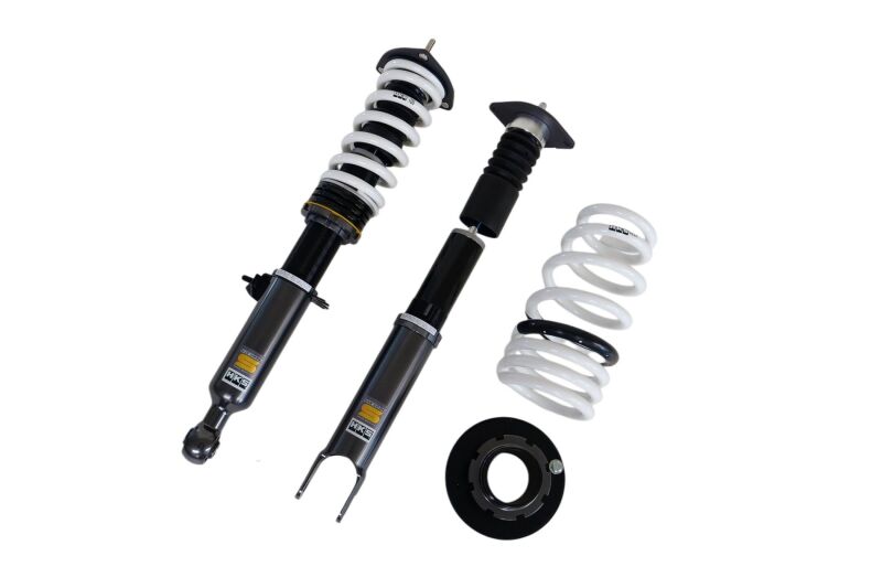 HKS HIPERMAX S Z34 coilover suspension kit installed on a Nissan Z34 sports car, showcasing the adjustable shock absorbers.