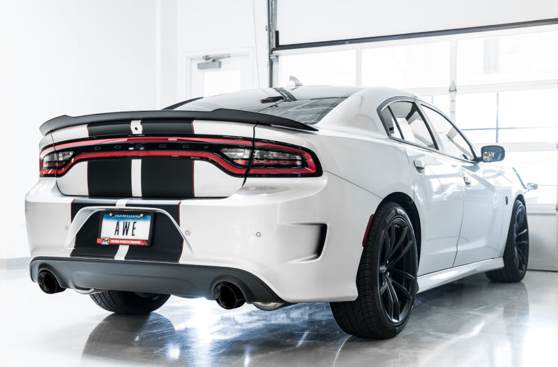 AWE Tuning catback exhaust for 2015+ Dodge Charger with non-resonated touring edition, diamond black tips, visible mounted on vehicle