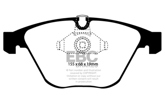 EBC Redstuff front brake pads for BMW M3 E90 4.0, performance brake pads with red friction material and metal backing plates.