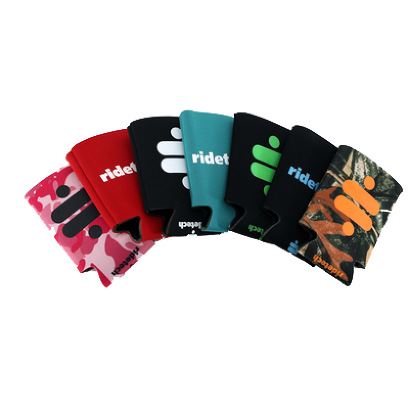 Ridetech black can coozie with white logo, made of durable fabric, designed to keep beverages cold and fit standard cans.