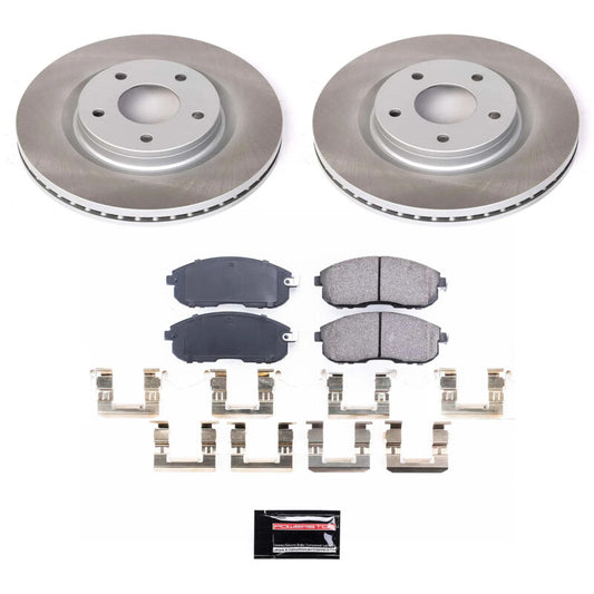 PowerStop 17-18 Nissan Sentra front semi-coated brake rotor kit with performance blank rotors and mounting hardware.