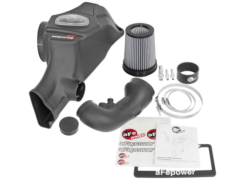 aFe Momentum GT Pro Dry S cold air intake system installed in a 2015 Ford Mustang GT V8 5.0L engine bay.