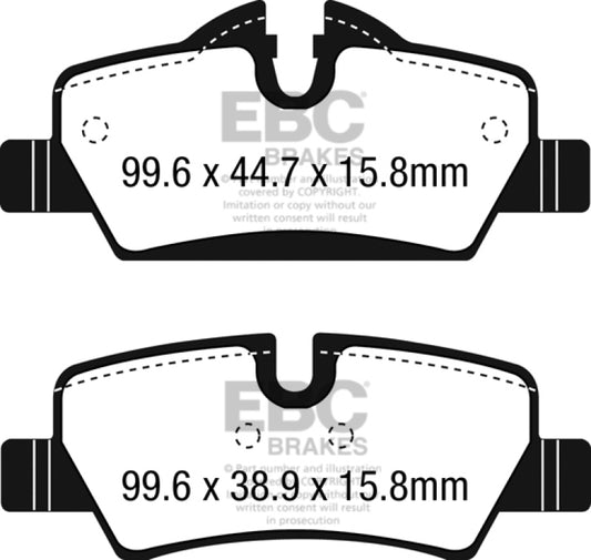 EBC 14+ Mini Hardtop 1.5 Turbo Cooper Ultimax2 rear brake pads, OE quality, with visible brake pad friction surface and backing plate.