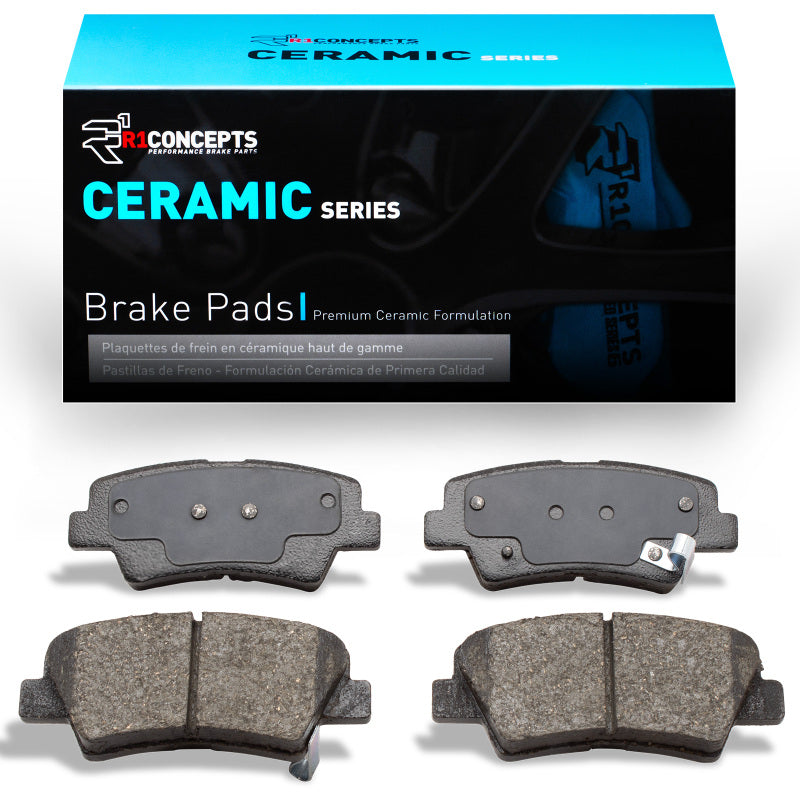 R1 Concepts Hyundai Azera 2007-2013 rear OE ceramic brake pads, close-up view showing brake pad surface and branding.