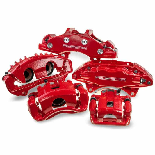 PowerStop rear red brake calipers with brackets for 2018 Jeep Wrangler, high-performance disc brake calipers pair.