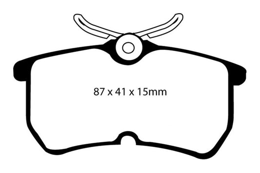 EBC Redstuff rear brake pads for Ford Fiesta 1.6 Turbo ST, high-performance brake pads with red friction material.