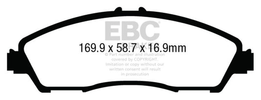 EBC 14+ Acura MDX 3.5 Ultimax2 front brake pads, OE type, with visible brake pad material and backing plate in a close-up shot