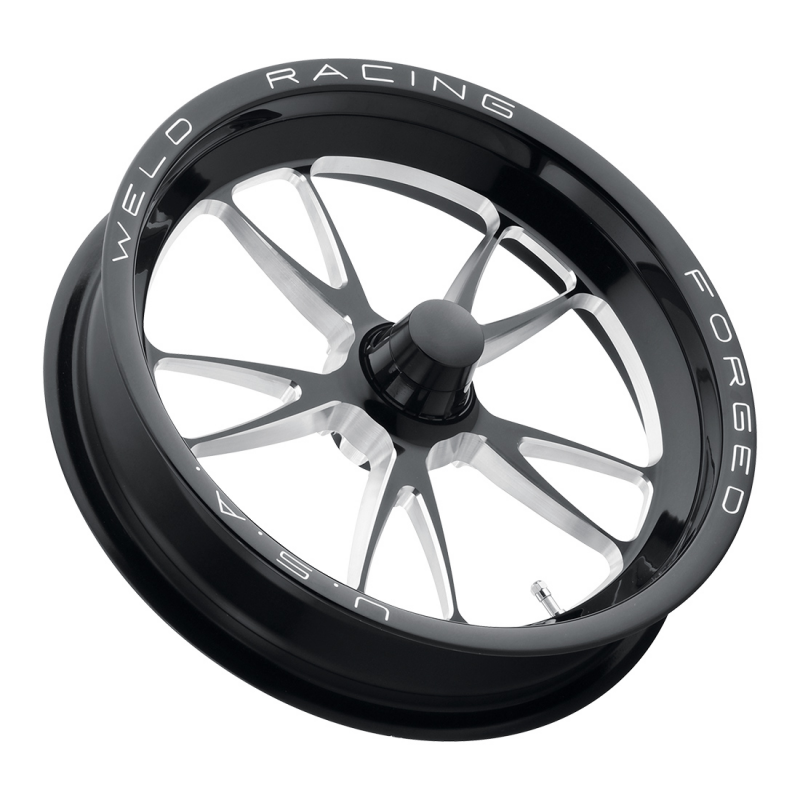 Weld Full Throttle Frontrunner 17x3.5 forged wheel in gloss black milled finish with Anglia spindle and 0 backspacing.
