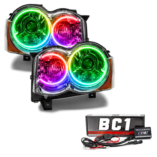 Oracle Lighting Jeep Grand Cherokee SMD HID ColorSHIFT headlights with BC1 controller, showcasing sleek, modern automotive headlight design.