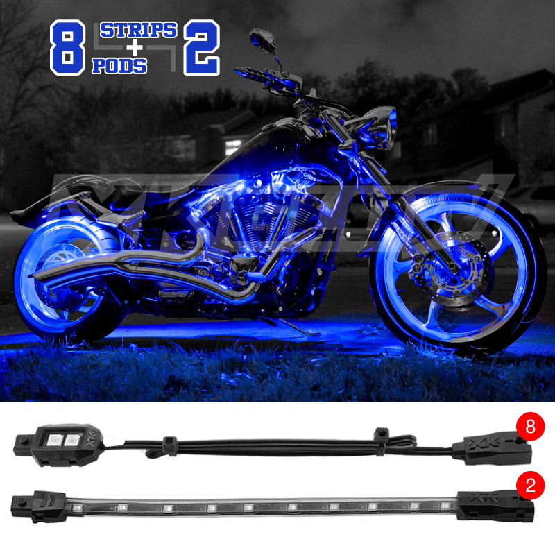 XKGLOW single color blue LED accent light kit for motorcycles with 8 pods and 2 8-inch strips, ideal for custom lighting.