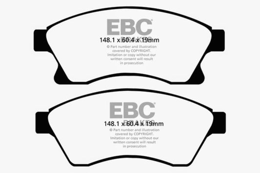EBC Ultimax2 front brake pads for Chevrolet Cruze 1.4 Turbo, OE style, with 10.9-inch front rotor visible in the image.