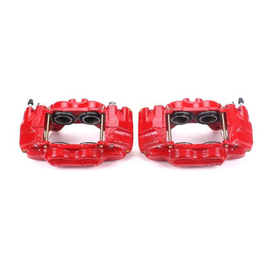 Pair of PowerStop red front brake calipers for Lexus GX470, performance brake calipers without brackets, front view.