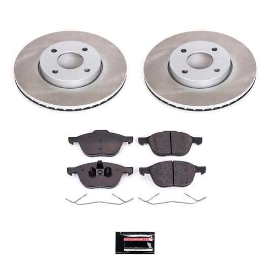 PowerStop front semi-coated brake rotor kit for 2005-2007 Ford Focus, performance blank brake rotor set with detailed surface.