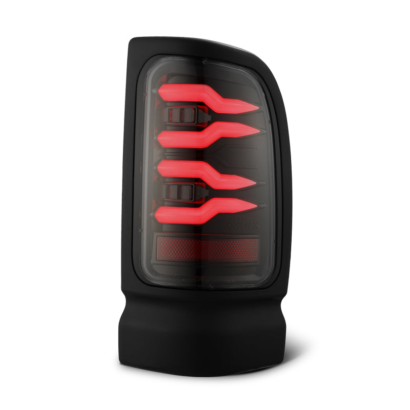 AlphaRex LUXX-Series LED tail lights for 1994-2001 Dodge Ram 1500/2500/3500 in Alpha-Black finish, showing close-up of tail light design.
